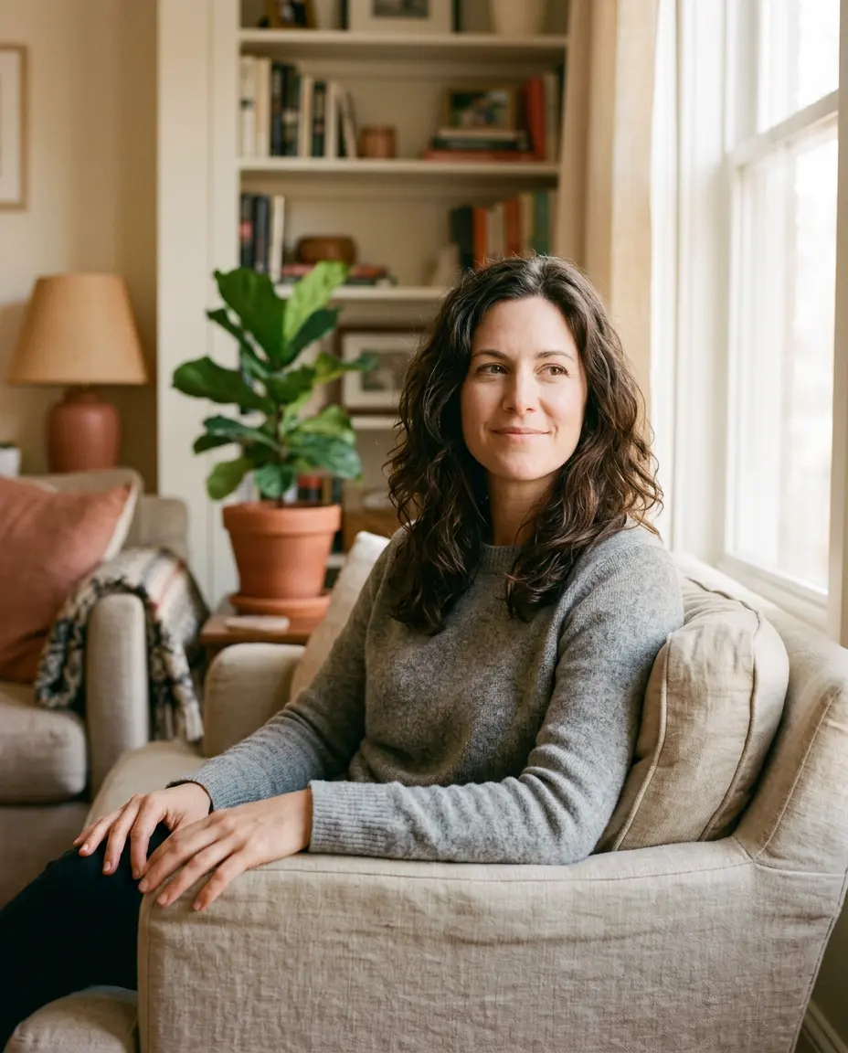 Vrouw zit ontspannen in een fauteuil bij het raam in een warme, huiselijke woonkamer