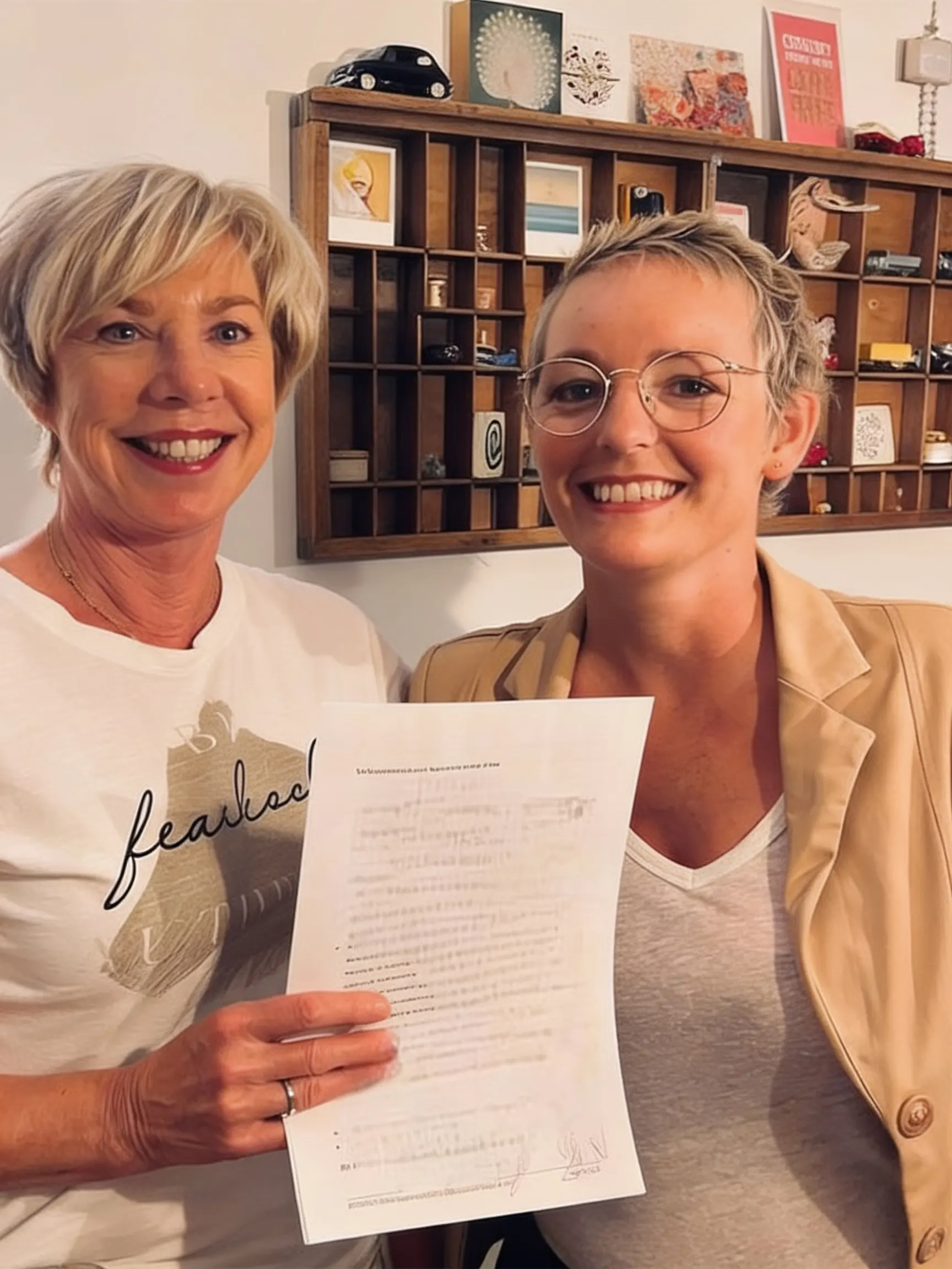 Tineke Uffen draagt Head of Hair over aan Annemarie, met het ondertekende contract